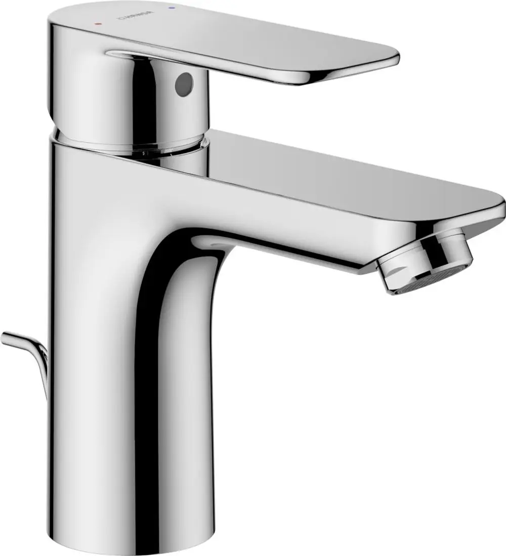 Waschtischbatterie in Chrom-Optik von HANSA mit flachem Bedienhebel und Auslauf, geeignet für Badezimmer. designorientierte Armatur mit Zugstange für den Ablauf.